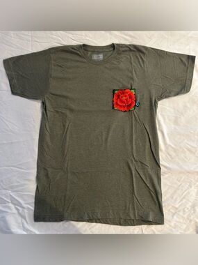 Olive Green Short-Sleeve Pocket Tee with Red Rose Patch